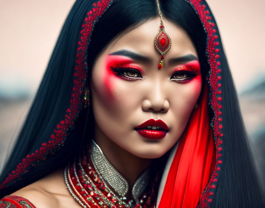 Vibrant portrait of woman with red makeup and elaborate jewelry