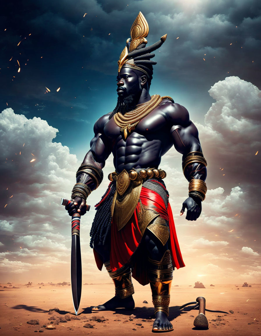 Muscular warrior in traditional attire with sword under dramatic sky and embers
