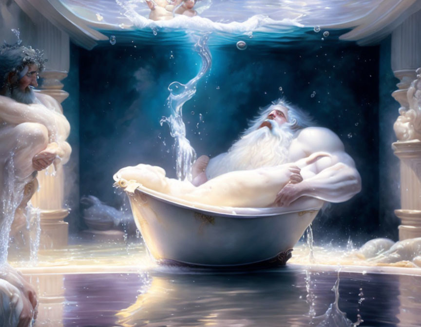 Classical Figures and Celestial Light in Surreal Bathtub Scene