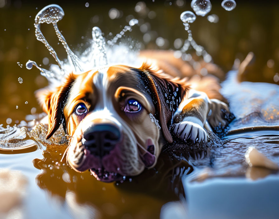 Brown and Black Dog Swimming in Water with Soulful Eyes