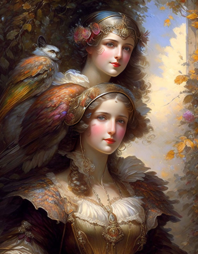 Two women in vintage dresses with ornate hairstyles and an owl, in an autumnal setting