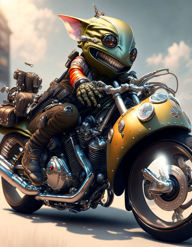 Anthropomorphic creature in motorcycle gear rides classic bike under sunny sky