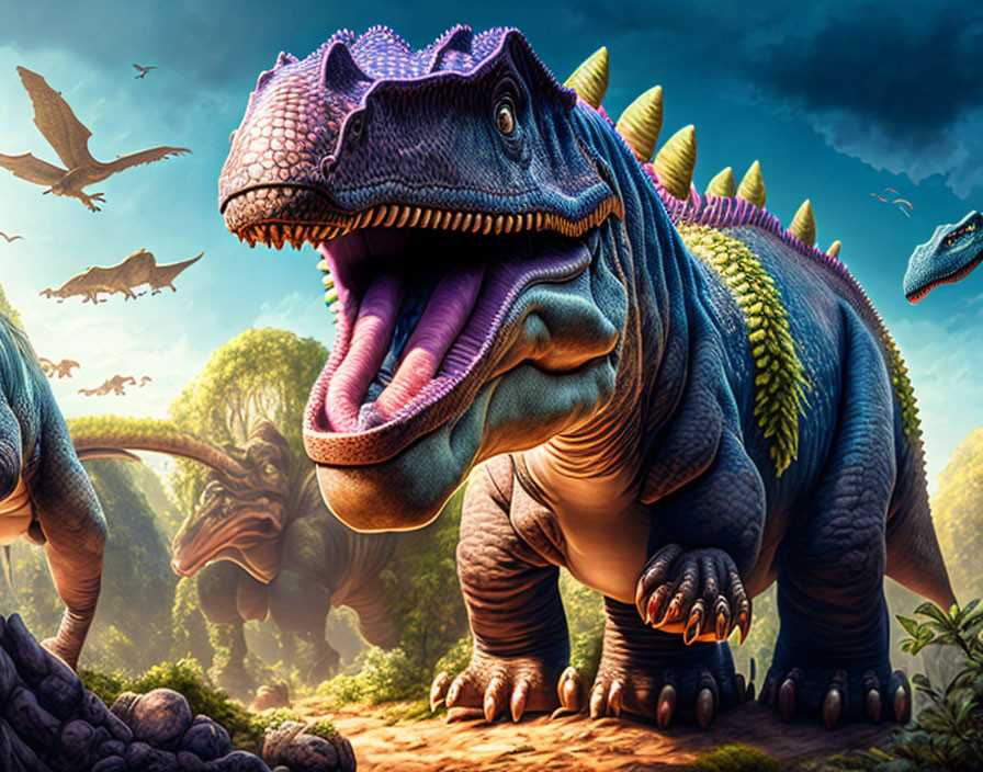 Detailed digital artwork of a fierce Tyrannosaurus rex with dinosaurs in prehistoric scene
