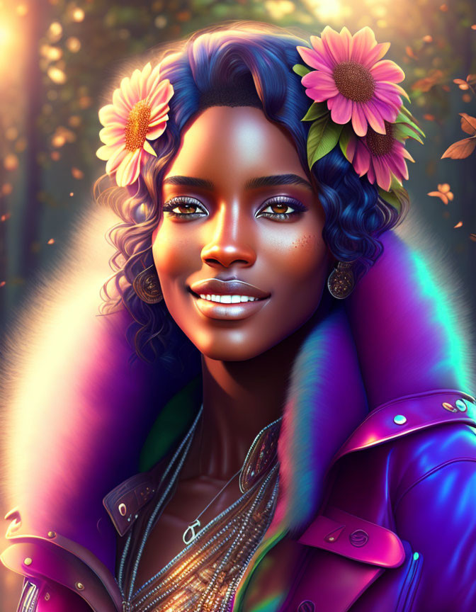 Colorful digital artwork of woman with flowers in hair and purple jacket