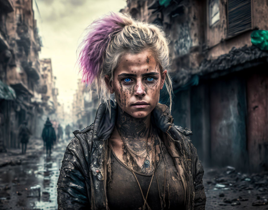 Pink-haired woman in war-torn street, gritty survival theme