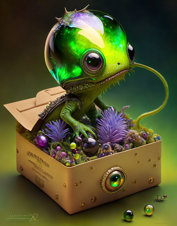 Shiny green creature with tentacles in decorated box among purple plants and marbles