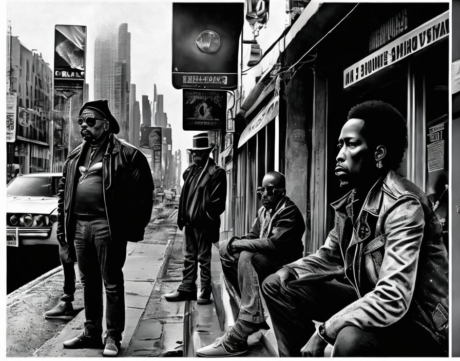 Monochrome photo: Four men in leather jackets on city street