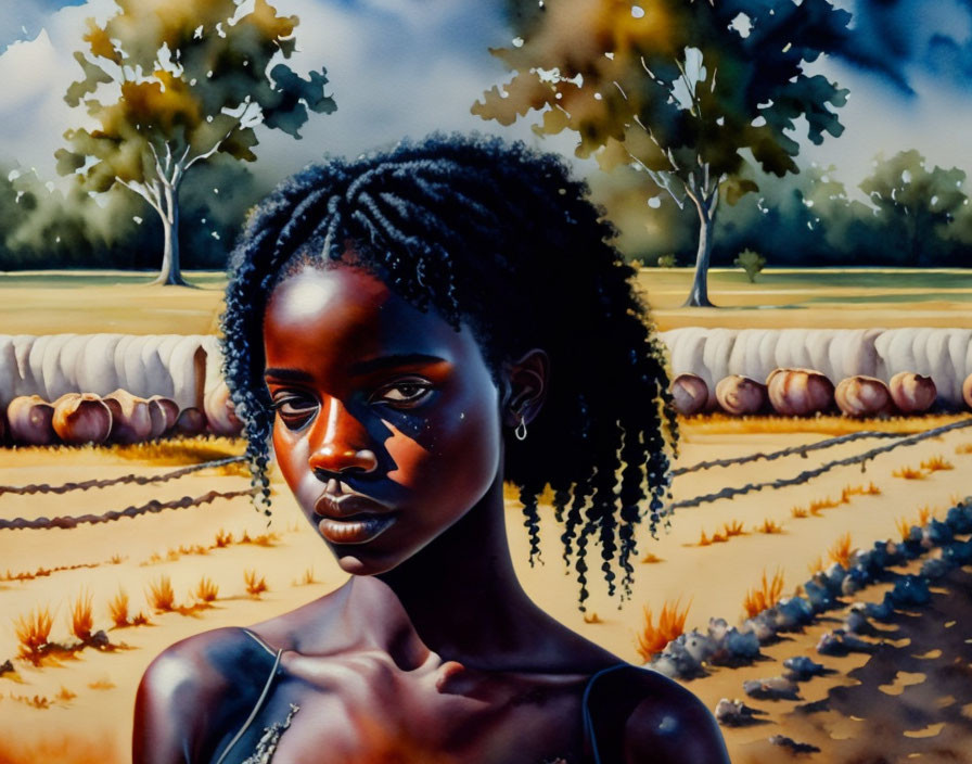 Portrait of Woman in Pumpkin Field with Trees at Dusk