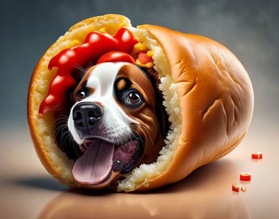 Dog's face in hot dog bun with condiments on blurred background