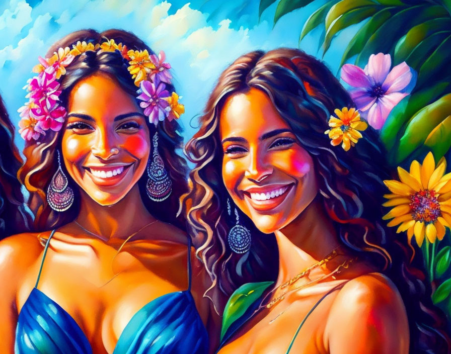 Two women in blue dresses with flowers in hair on floral backdrop