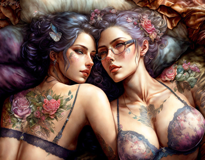 Two women with intricate tattoos and flowers in their hair on a bed with floral background
