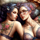 Two women with intricate tattoos and flowers in their hair on a bed with floral background