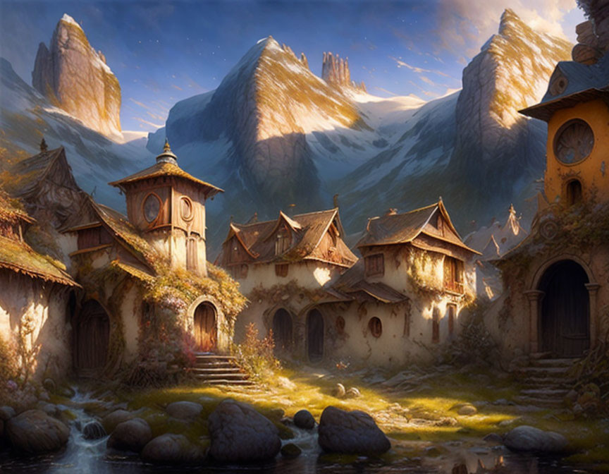 Snow-capped mountains backdrop serene fantasy village