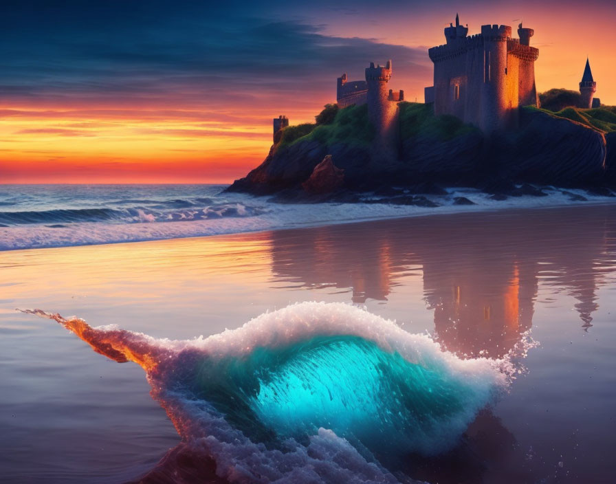 Vibrant sunset over castle by sea with turquoise glow.