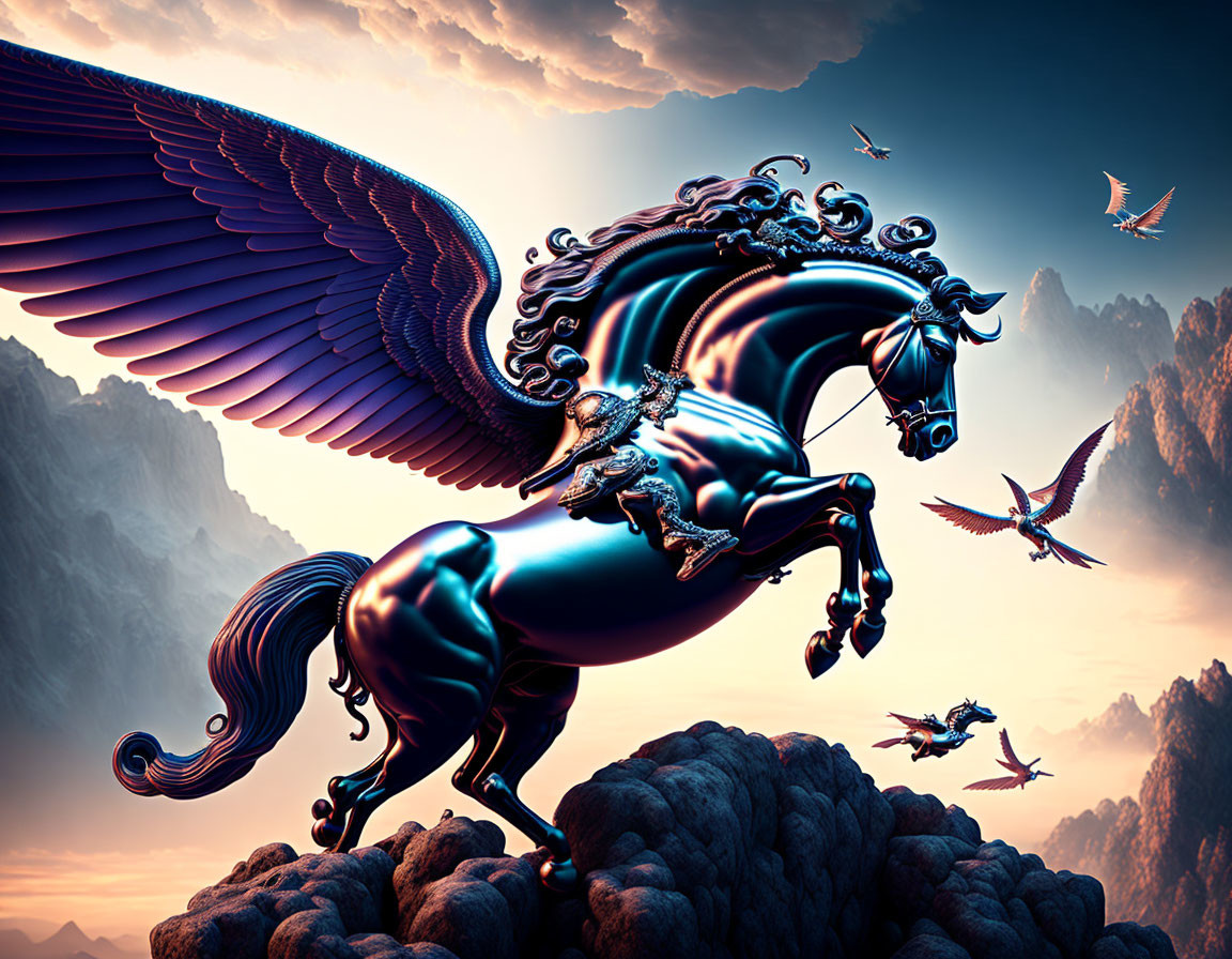 Blue-winged horse with silver ornaments flying over mountains and birds
