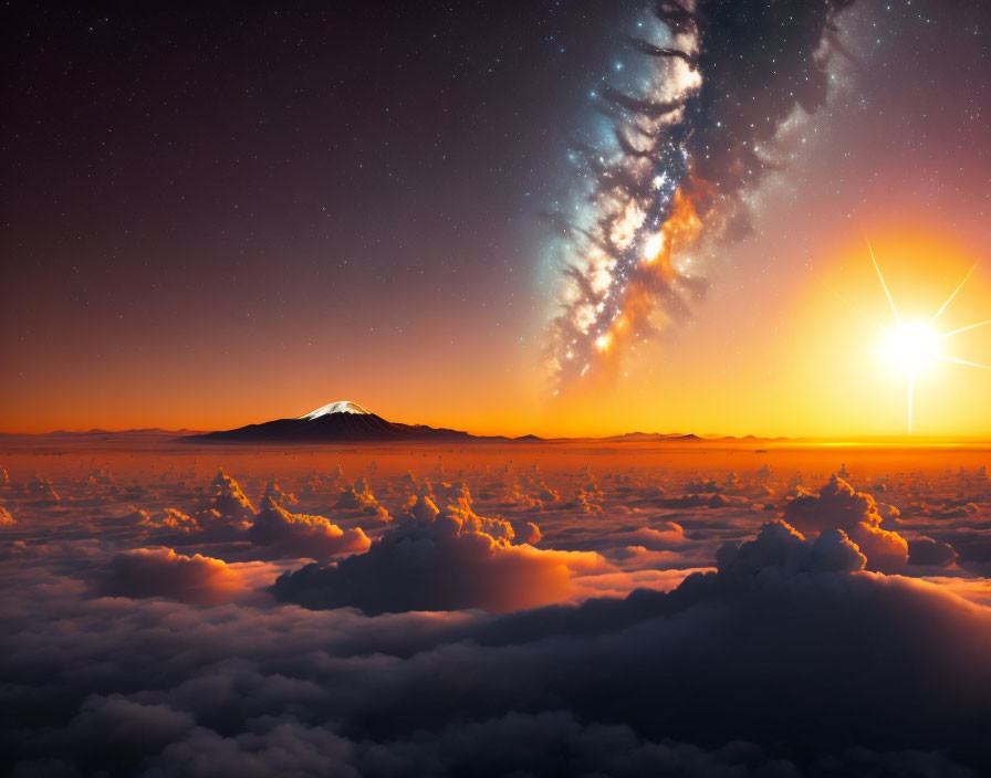 Mountain Sunrise Scene with Starry Sky and Radiant Sunburst