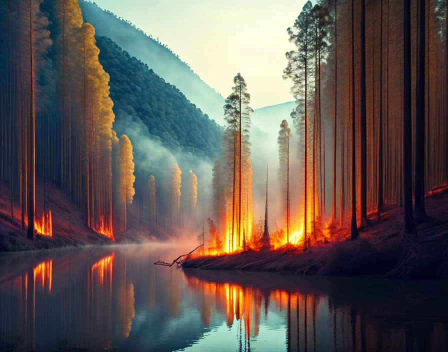 Tranquil river reflecting forest fire with towering trees, fog, and mystical glow