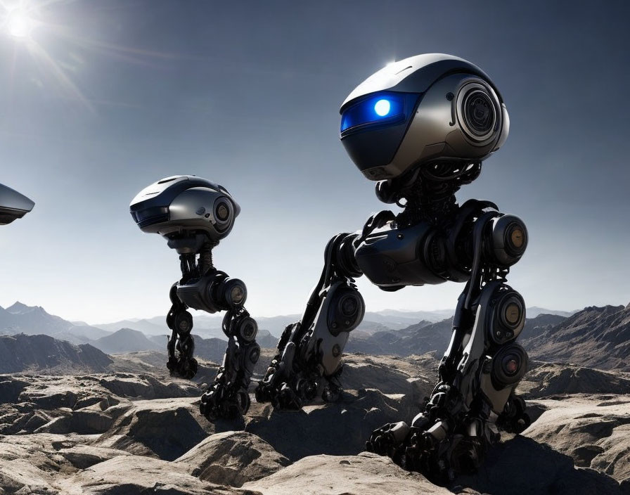 Futuristic spherical robots with jointed legs on rocky terrain