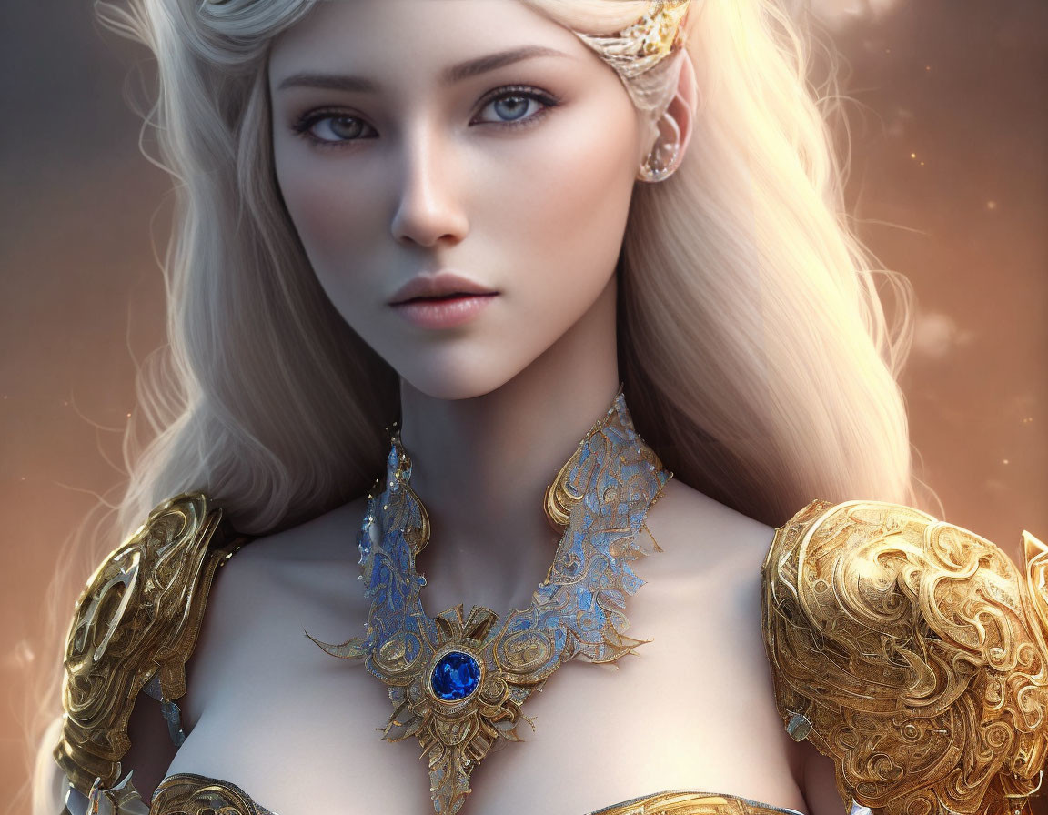 Fantasy portrait of woman in golden armor with blue gemstone