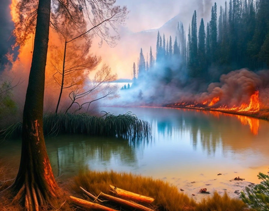 Forest Wildfire Engulfs Riverbank at Sunset