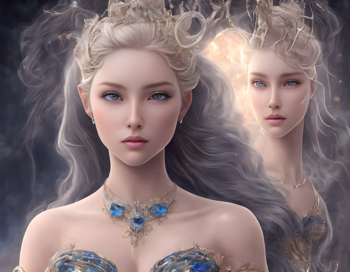 Digital Artwork: Ethereal Women with Silver Crowns and Butterfly Necklace