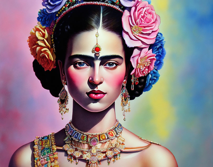 Vibrant digital portrait of a woman in Indian jewelry and floral accessories