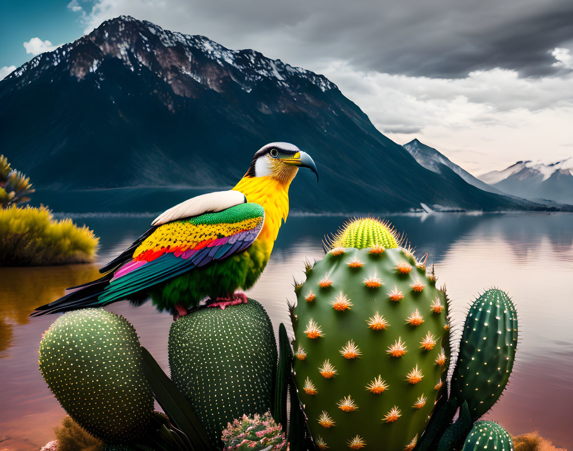 Colorful toucan on cactus with mountain backdrop