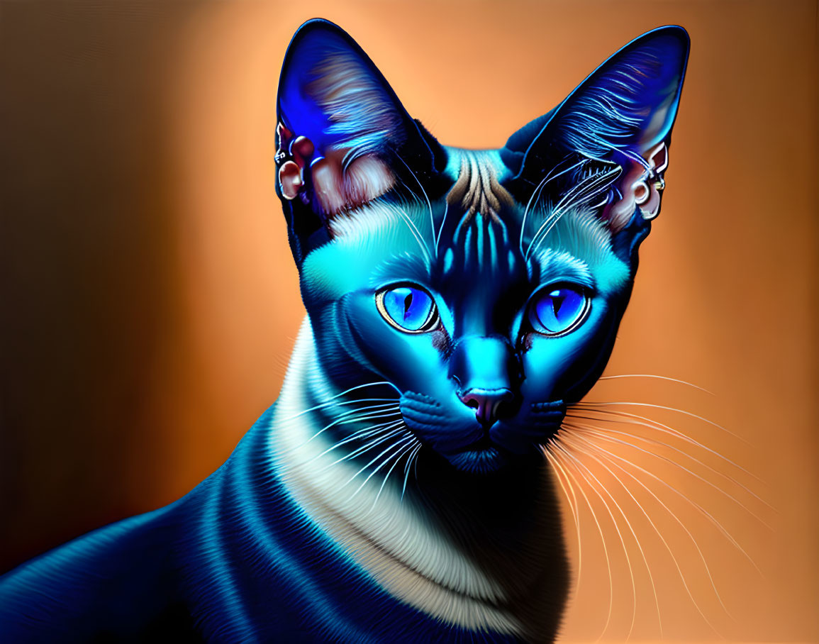 Blue Fur Cat Digital Art on Warm Gradient Background