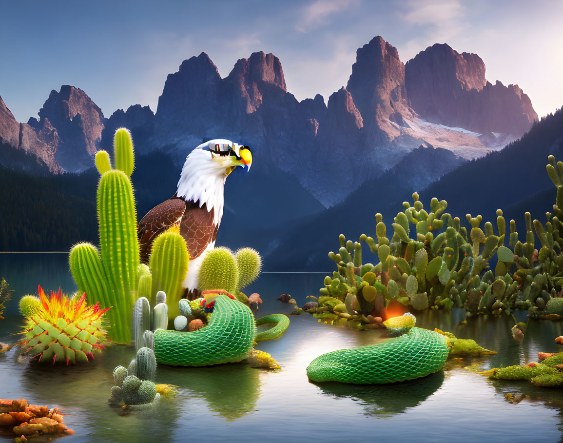 Digital artwork: Desert and mountain lake scene with eagle, cacti, and peaks