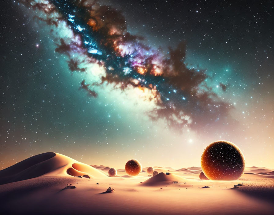 Colorful nebulae and glowing orbs in surreal desert landscape