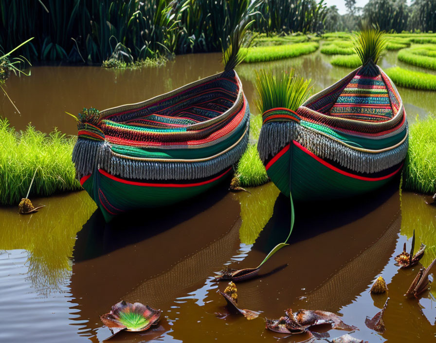 Colorful Woven Boats on Tranquil Water in Green Paddy Fields