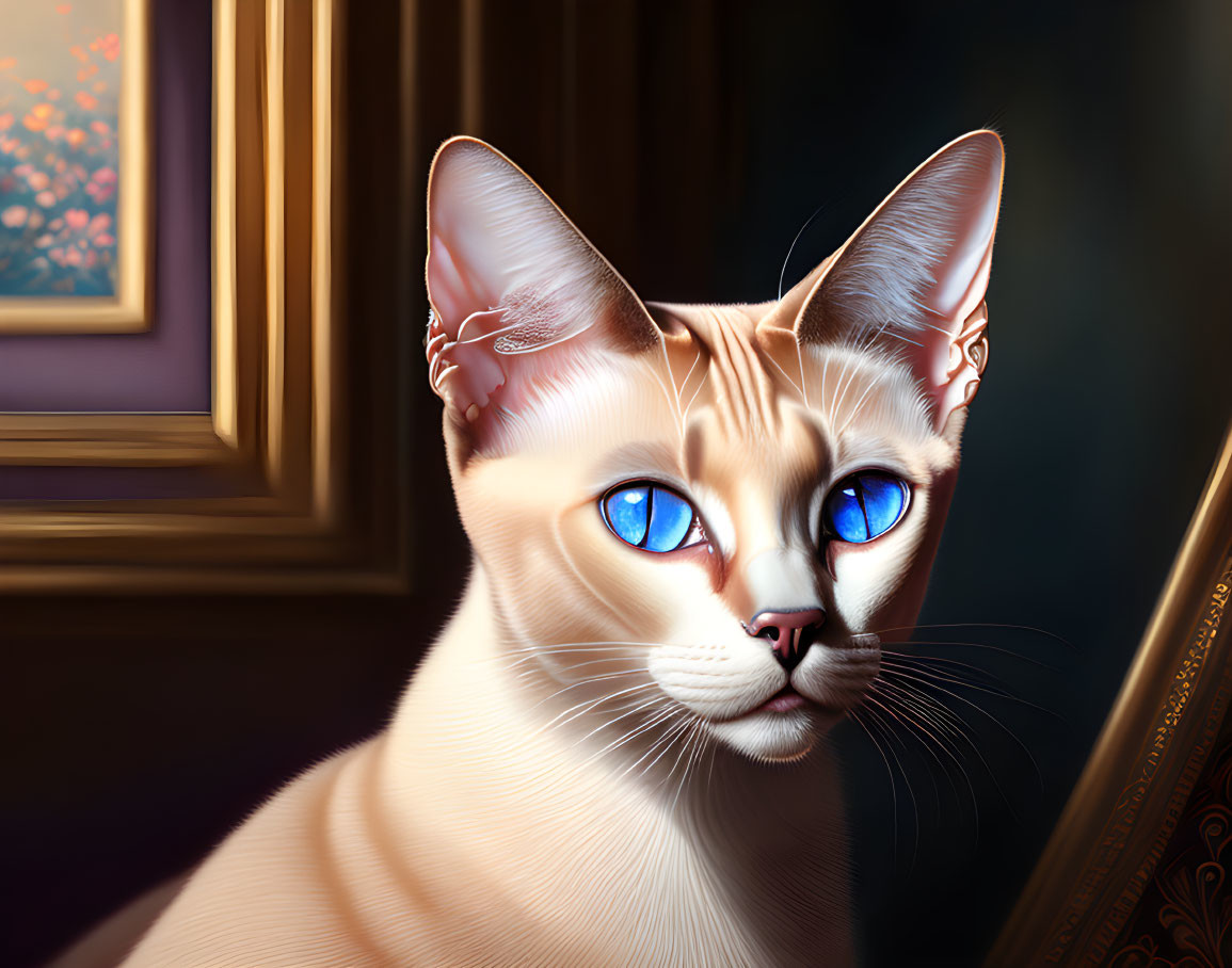 Siamese Cat Portrait with Striking Blue Eyes in Elegant Room