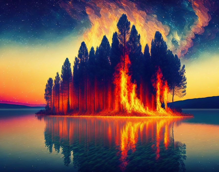 Burning trees on small island mirrored in serene lake at night