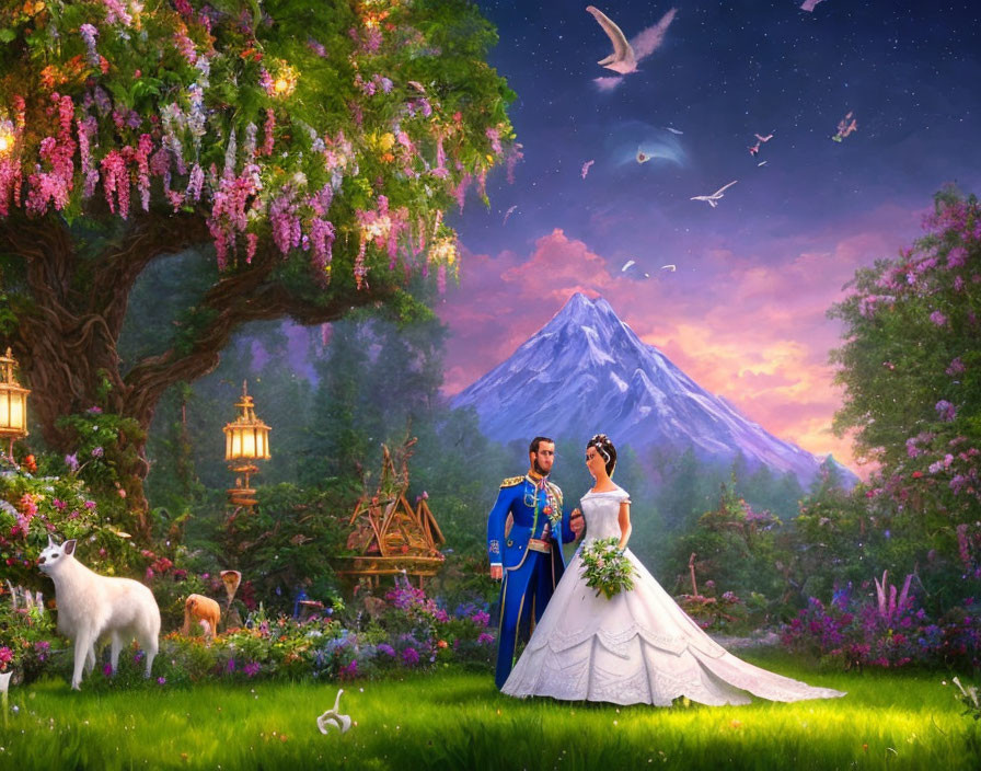 Enchanting royal couple with unicorn in lush fairy-tale garden