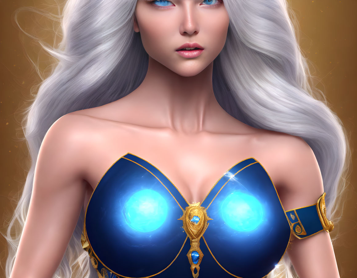 Fantasy character with long silver hair and blue armor