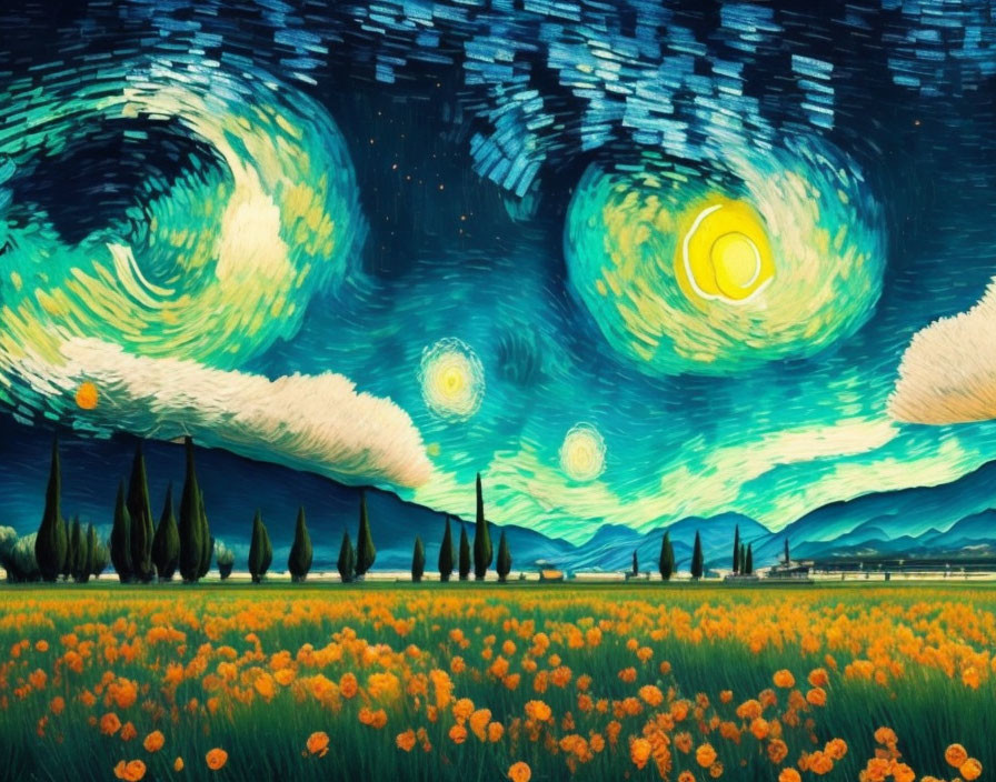 Colorful Van Gogh-inspired painting with swirling skies, yellow celestial objects, cypress trees, and