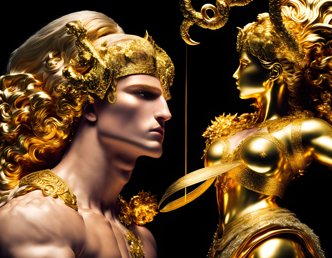 Stylized image of two figures in golden armor and elaborate headdresses