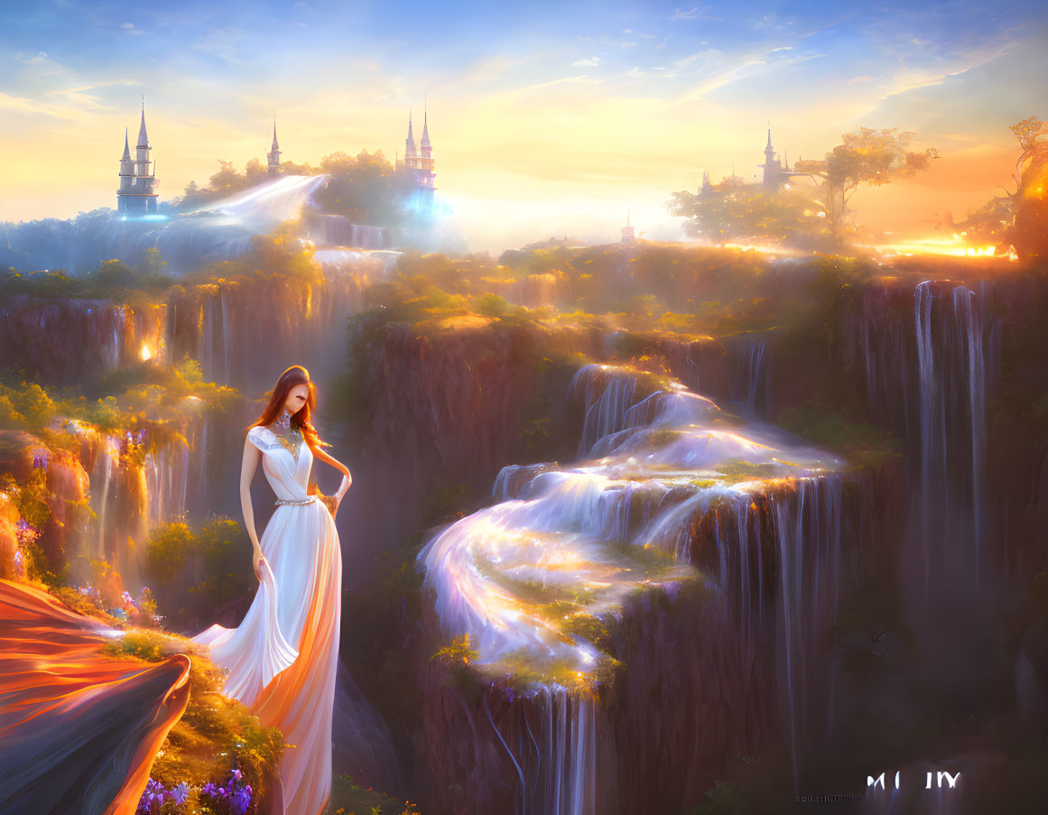 Woman in flowing dress in front of fantasy landscape with luminescent waterfalls and ethereal castles