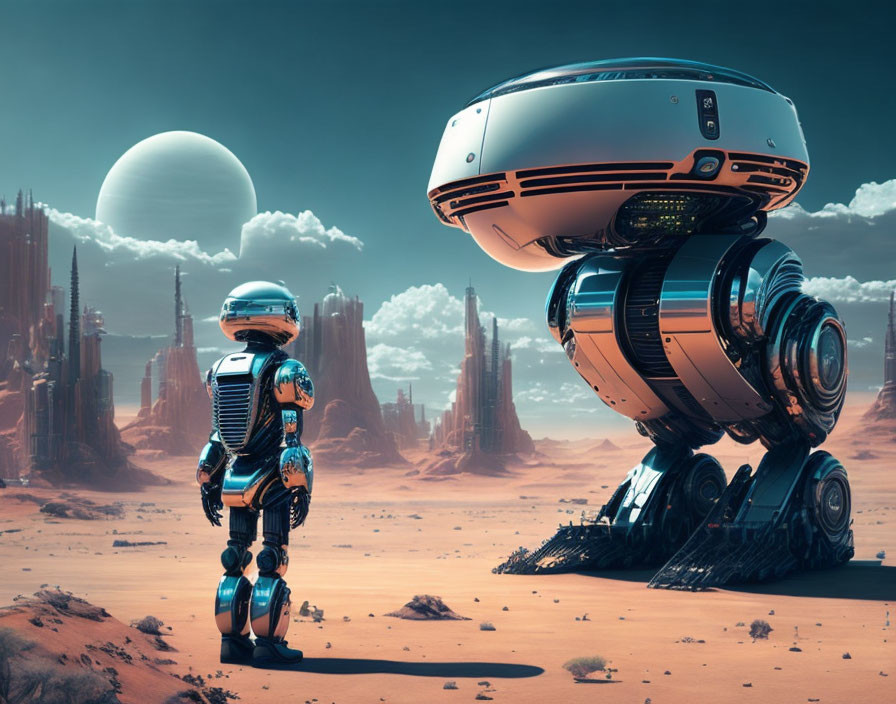 Futuristic humanoid robot on barren Mars-like planet with vehicle and moon