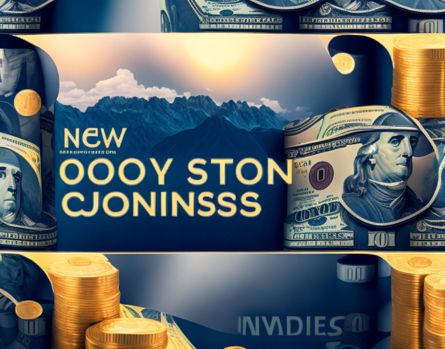 Scenic mountain sunrise, coins, and money with digital device and text.