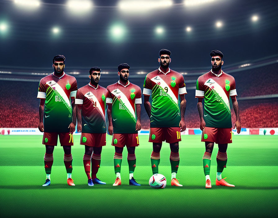 Five animated soccer players in green and maroon kits with stadium background.