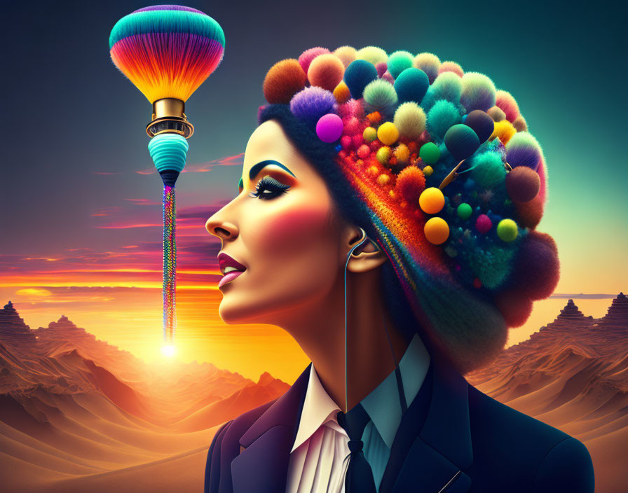 Colorful surreal digital artwork: Woman with balloon hair in desert sunset
