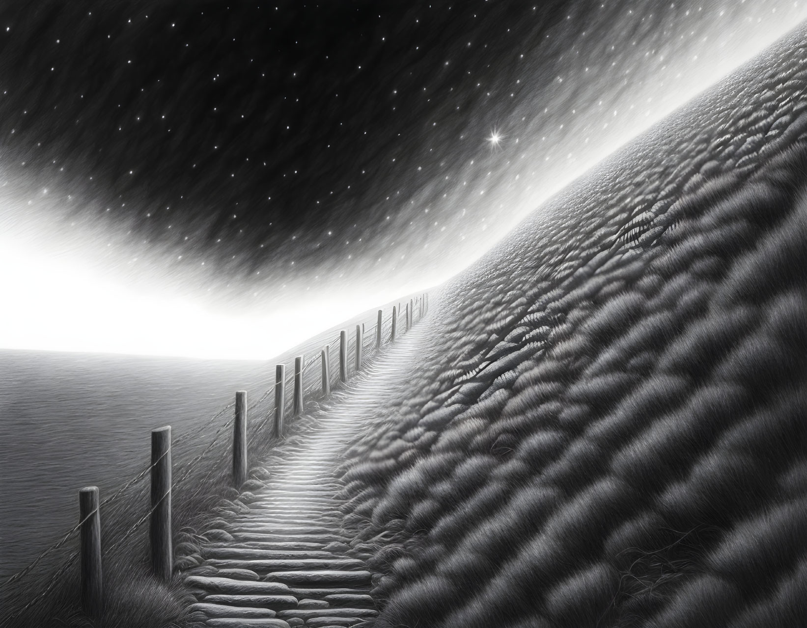 Monochrome illustration of starry sky over sand dune with fence and path
