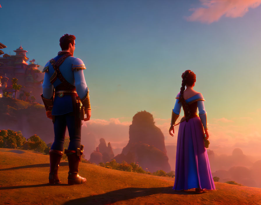 Animated characters admire sunset over mountains and castle.