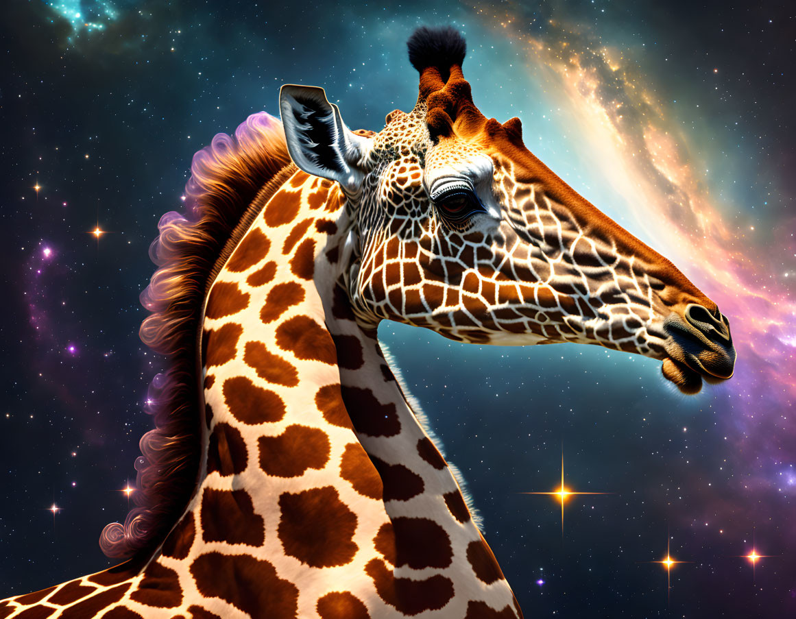 Giraffe Close-Up Against Vibrant Cosmic Backdrop