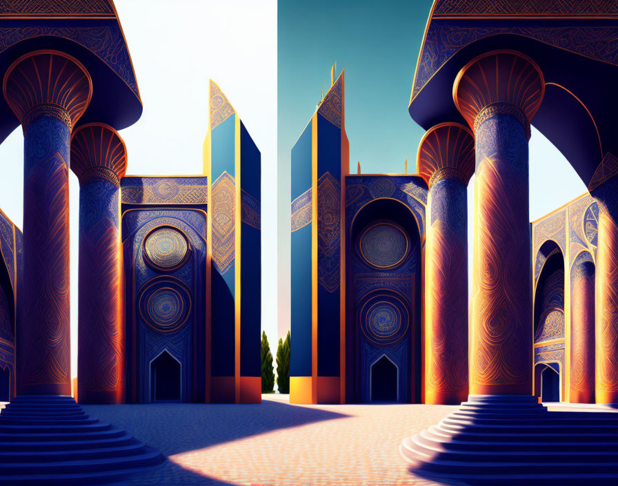 Vibrant digital art: stylized architecture in warm hues