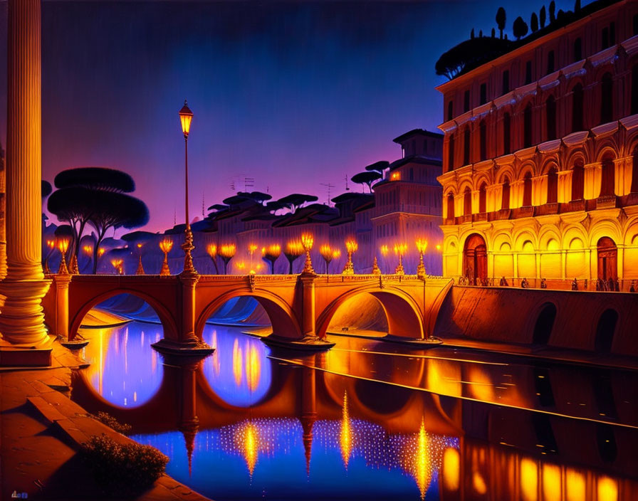Tranquil river with illuminated buildings and lamppost reflections