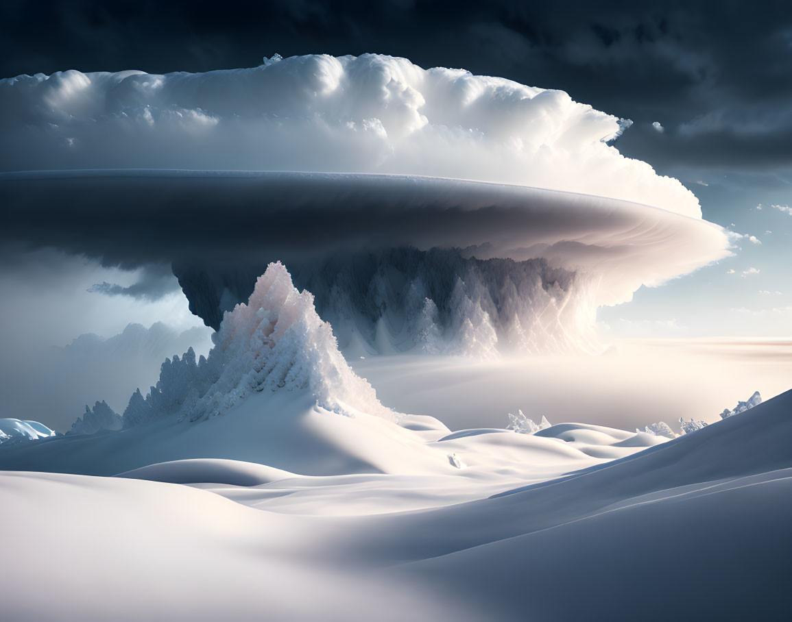 Snow-covered landscape under dramatic cloud formation with sunlight on frosted peaks