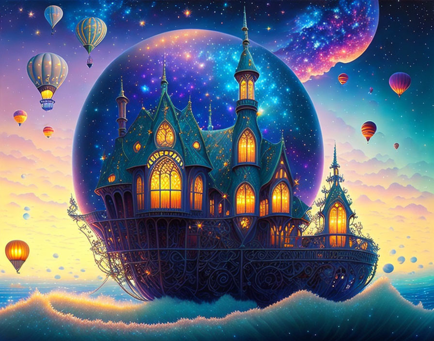 Floating castle and hot air balloons in cosmic sky scene