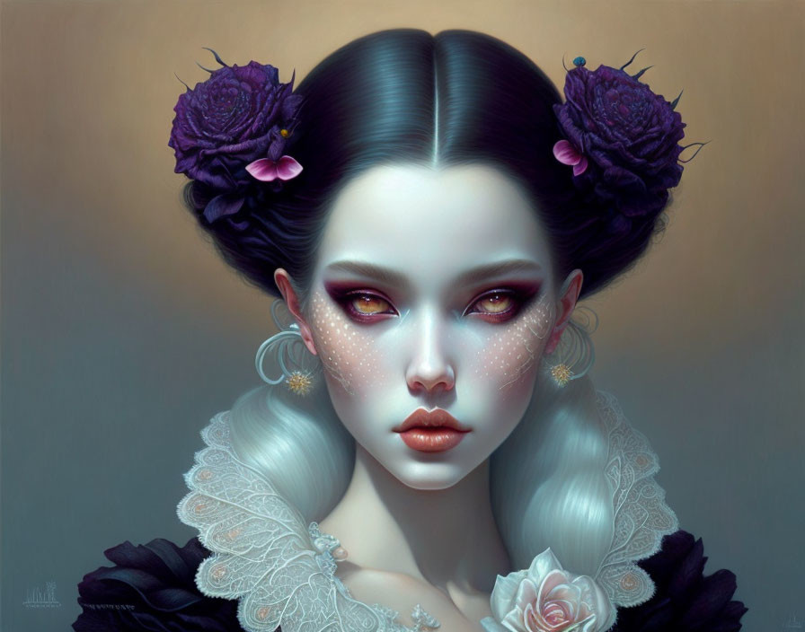 Illustration: Woman with red eyes, purple flowers, freckles, lace collar